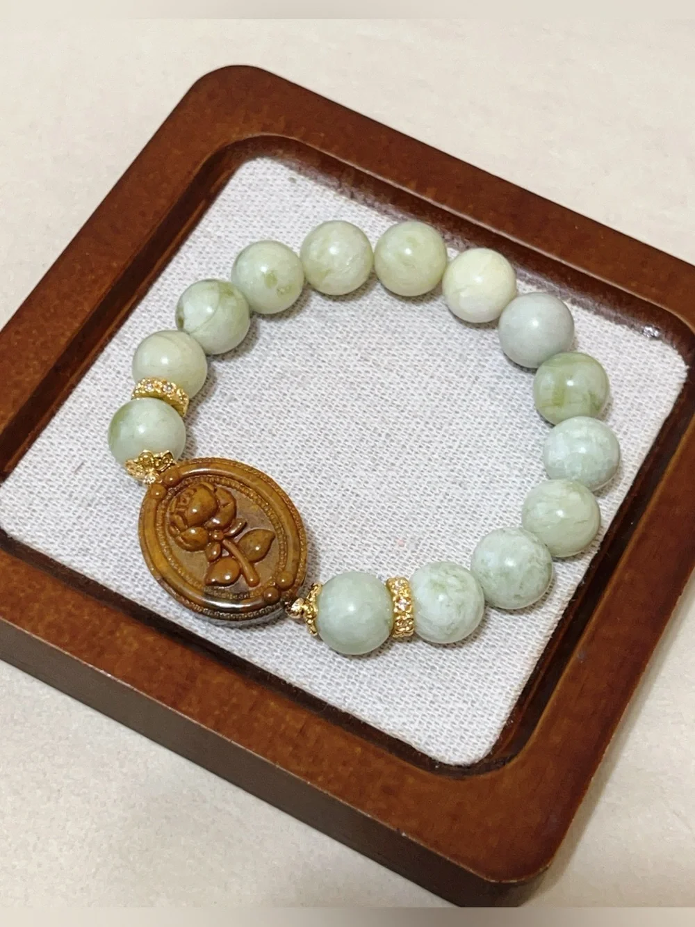 Handmade Natural Serpentine Jade Bracelet |Alashan Agate Rose Portrait Charm